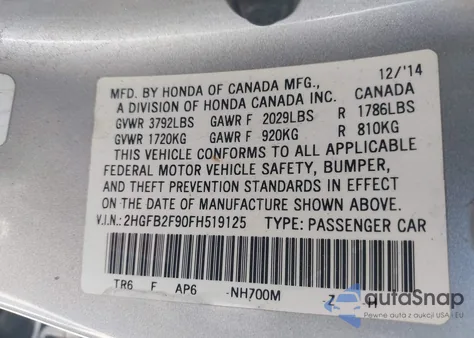 2015 Honda Civic Ex-L из США, поврежденный, VIN 2HGFB2F90FH519125